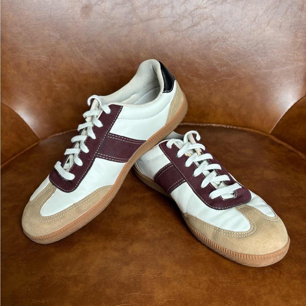 J Crew Field Sneakers Leather suede White and burgundy color women’s size 7 - Picture 3 of 7